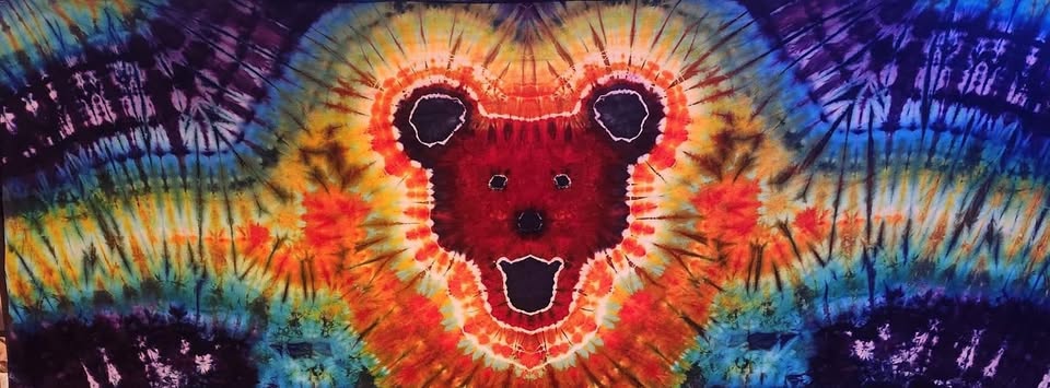 Hand ice-dyed dancing bear tapestry by Saucy Dyes