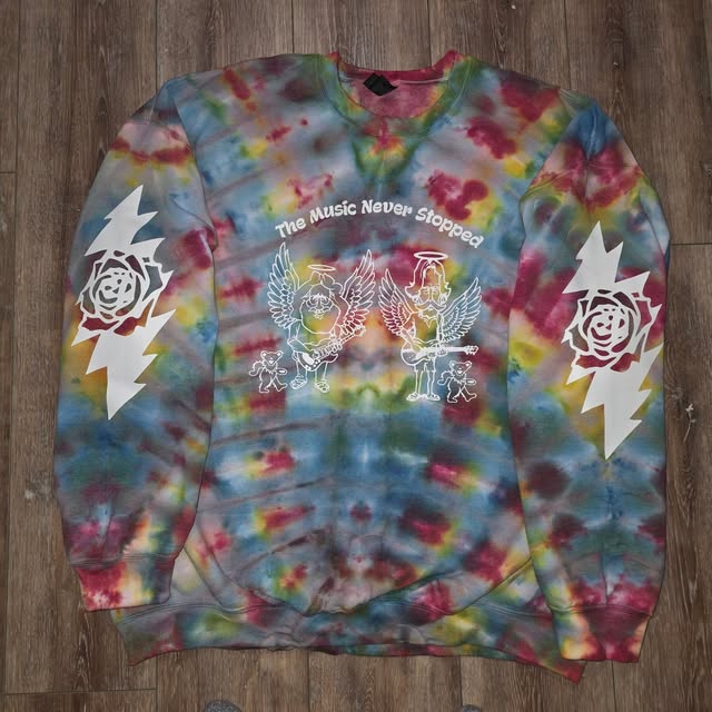 The Music Never Stopped tie-dye crewneck